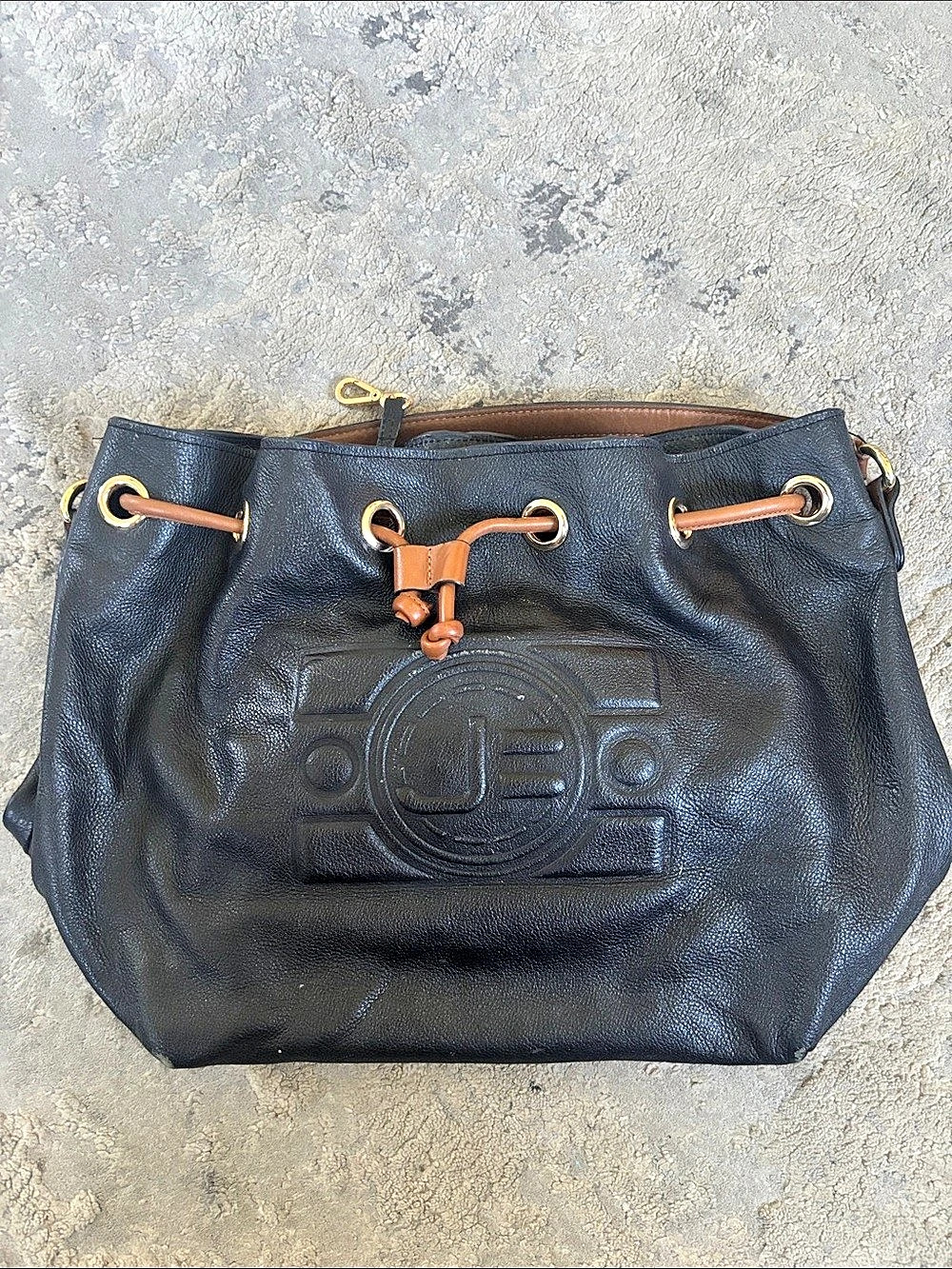 Jorgé Bischoff Black Leather Bucket Hobo Bag